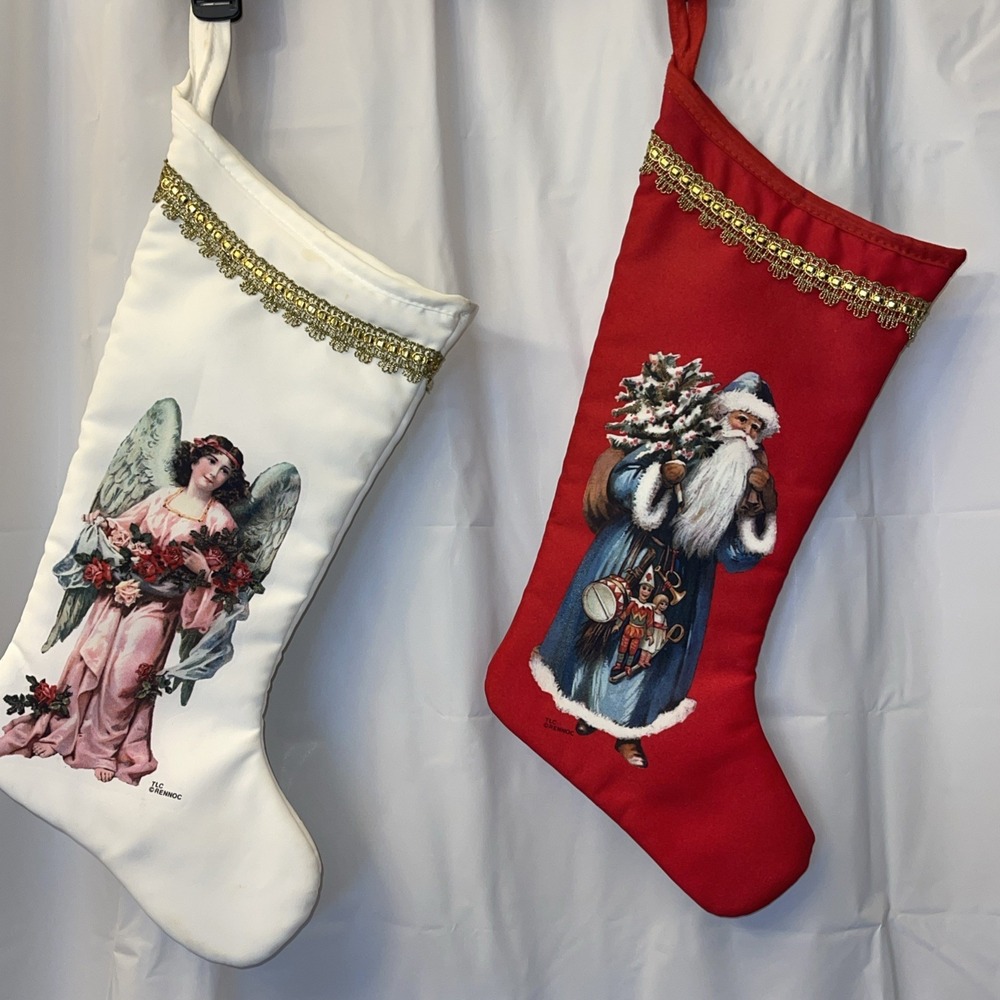 Vintage Old World Santa &‎ Angel Christmas Stocking Set of 2 TLC Rennoc Brand
